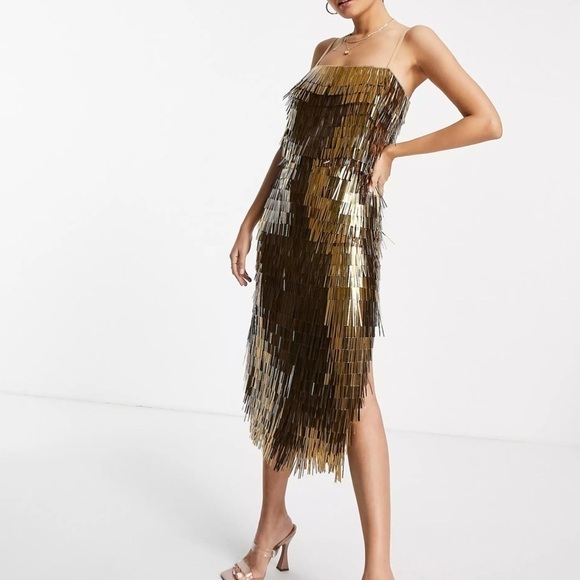 ASOS Dresses & Skirts - ASOS- Sold Out- Shard Detail Gold Metallic Midi Dress